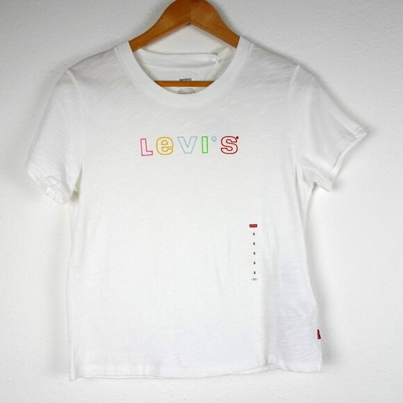 Levi's Pride Logo T-Shirt Women's Size S White Top Rainbow Spell Out Tee - Picture 1 of 8